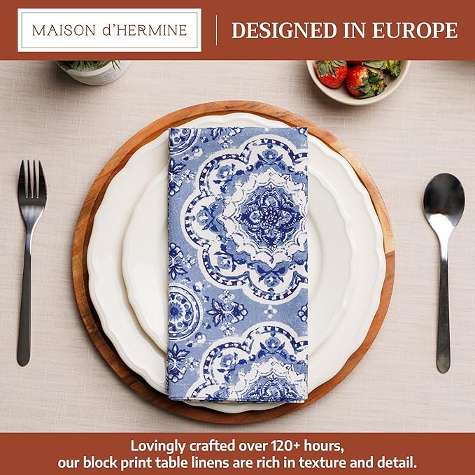 Maison d' Hermine 100% Cotton Cloth Napkins Set of 4 Everyday Reusable Square Napkins Cloth Washable Dinner Party Wedding Restaurant Hotel Kitchen Spring Summer (Melodie Bleue, 20" x 20")