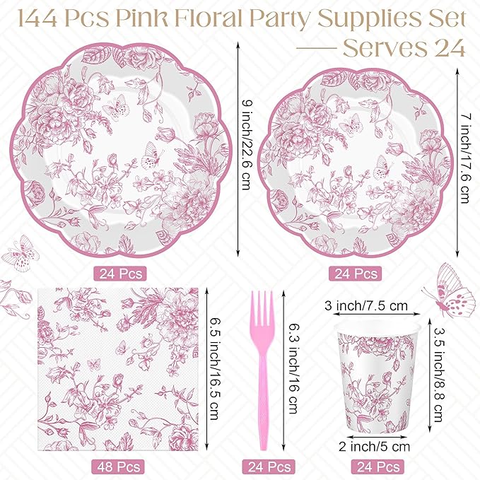 Kochorie 144 Pieces Pink Floral Paper Plates and Napkins Party Supplies, Pink and White Flower Tableware Set Include Vintage Scalloped Plates Napkins Cups Forks for Wedding Birthday Tea Party