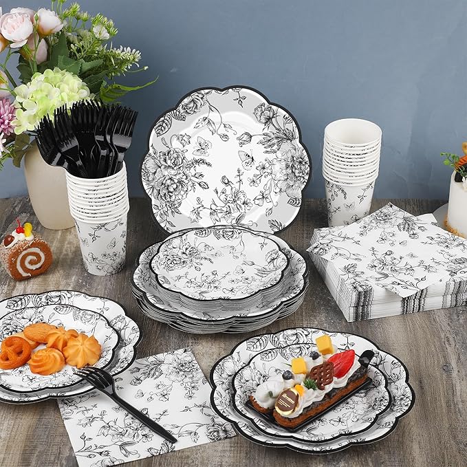 Kochorie 144 Pieces Black Floral Paper Plates and Napkins Party Supplies, Black and White Flower Tableware Set Include Vintage Scalloped Plates Napkins Cups Forks for Wedding Birthday Tea Party