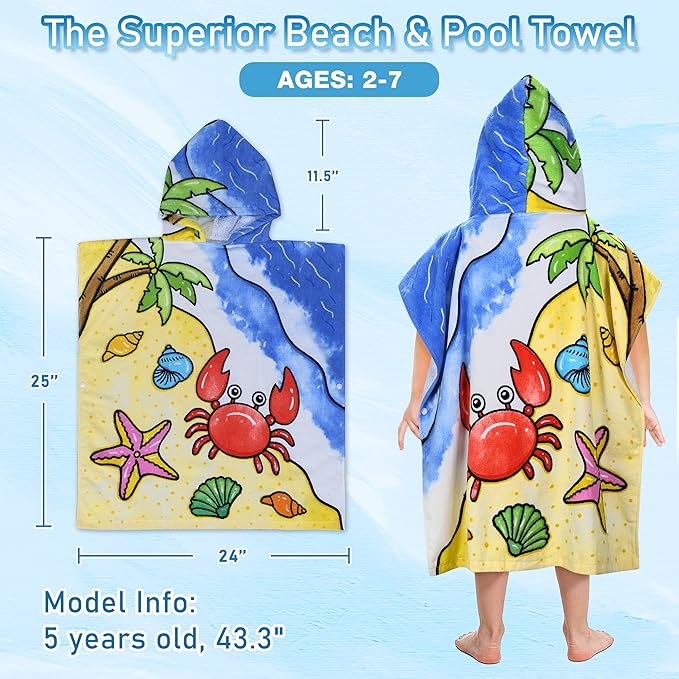 Tirrinia Kids Hooded Beach Towel, Toddler Hooded Bath Towel & Poncho Towel Super Absorbent, Wearable Swim Towel for Kids 3-6 Years Boys Girls at Bath Pool Beach, Birthday Gifts, Crab