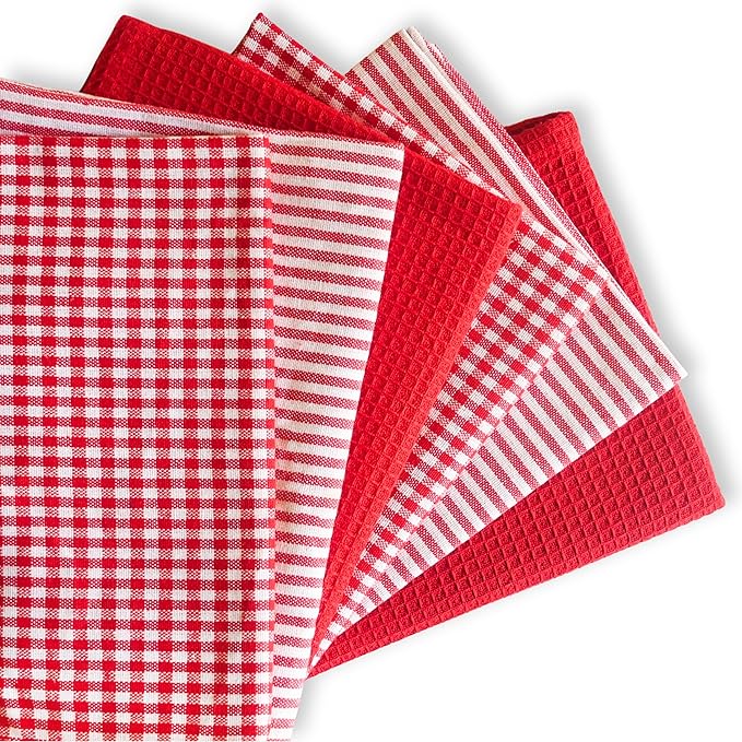 Cotton Dish Towels For Kitchen Drying - Highly Absorbent Red Striped Gingham Plaid Tea Towels - 18"X28" Set Of 6 Farmhouse Linen Dishtowels In Bulk - Pano De Prato Para Cozinha - T Towles Towls