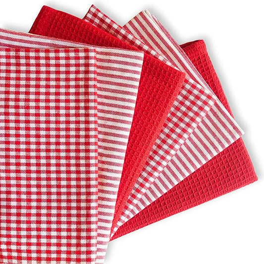 Cotton Dish Towels For Kitchen Drying - Highly Absorbent Red Striped Gingham Plaid Tea Towels - 18"X28" Set Of 6 Farmhouse Linen Dishtowels In Bulk - Pano De Prato Para Cozinha - T Towles Towls