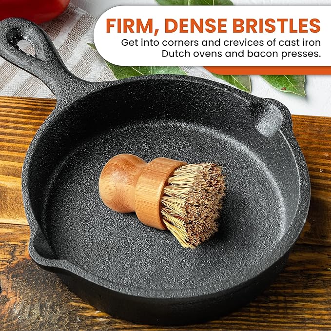 Heritage Products Cast Iron Scrub Brush, Palm Brush Kitchen Dish Scrubber with Natural Bamboo Wood Handle and Densely Packed Nylon Bristles Protects Nonstick Cast Iron Seasoning During Dishwashing