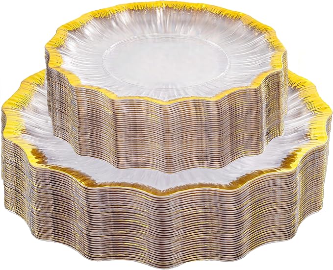 DaYammi 60Pcs Clear Plastic Plates with Gold Rimmed - Gold Disposable Plates Set Including 30pcs Dinner Plates,30pcs Dessert Plates with Radial Texture for Party & Wedding