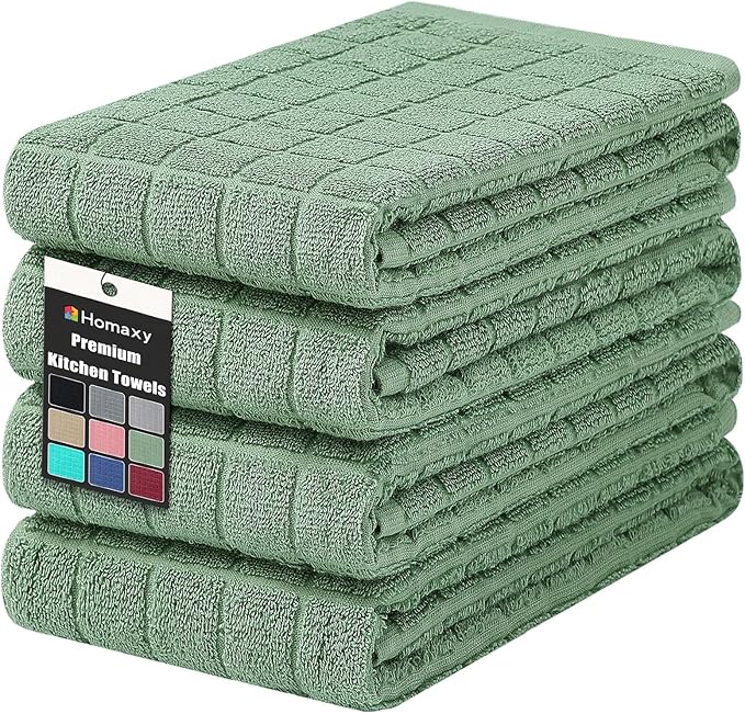 Homaxy Premium Cotton Kitchen Towels 16"x 28", Large Natural Ring Spun 390 GSM Dish Towels, Super Absorbent Terry Kitchen Hand Towels, Soft Tea Towels with Hanging Loop, Pure Grass Green, 4 Pack