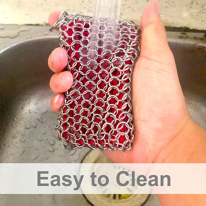 Cast Iron Skillet Cleaner, 316 Chainmail Scrubber Built-in Silicone Cast Iron Cleaner for Cast Irons Grill Pan Skillet Wok Bakeware Easy to Use Dishwasher Safe, Scrubber + Scraper + Towel