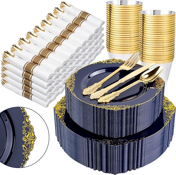 Nervure 350Pcs Blue Plastic Plates - Blue Gold Plastic Dinnerware Sets for 50 Guests - 100 Navy Gold Disposable Plates, 50 Pre Rolled Silverware, 50 Cups Perfect for Wedding & Party & Memorial Day