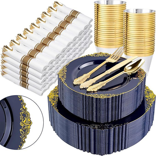 Nervure 350Pcs Blue Plastic Plates - Blue Gold Plastic Dinnerware Sets for 50 Guests - 100 Navy Gold Disposable Plates, 50 Pre Rolled Silverware, 50 Cups Perfect for Wedding & Party & Memorial Day