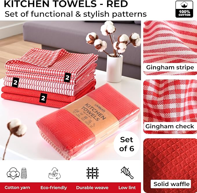 Cotton Dish Towels For Kitchen Drying - Highly Absorbent Red Striped Gingham Plaid Tea Towels - 18"X28" Set Of 6 Farmhouse Linen Dishtowels In Bulk - Pano De Prato Para Cozinha - T Towles Towls