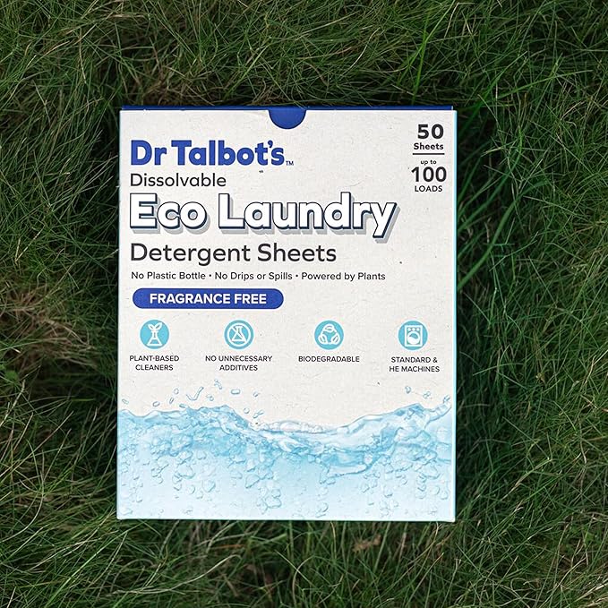 Dr. Talbot's Eco Laundry Detergent Sheets – Fragrance Free, Plant-Based, Biodegradable, No Harsh Additives, Dissolvable for Standard & HE Machines, 50 Sheets (Up to 100 Loads), Travel & Eco-Friendly