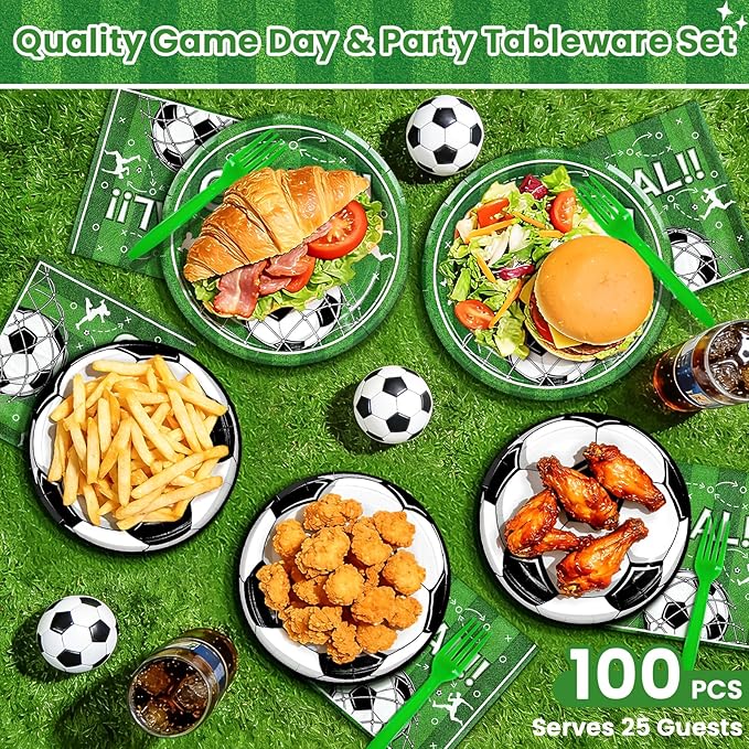 Mulbozy 100 Soccer Party Decorations, Soccer Themed Plates and Napkins Disposable Set Includes 25-9" & 25-7" Dessert Cake Plates, Napkins, Forks for for Birthday Party Supplies