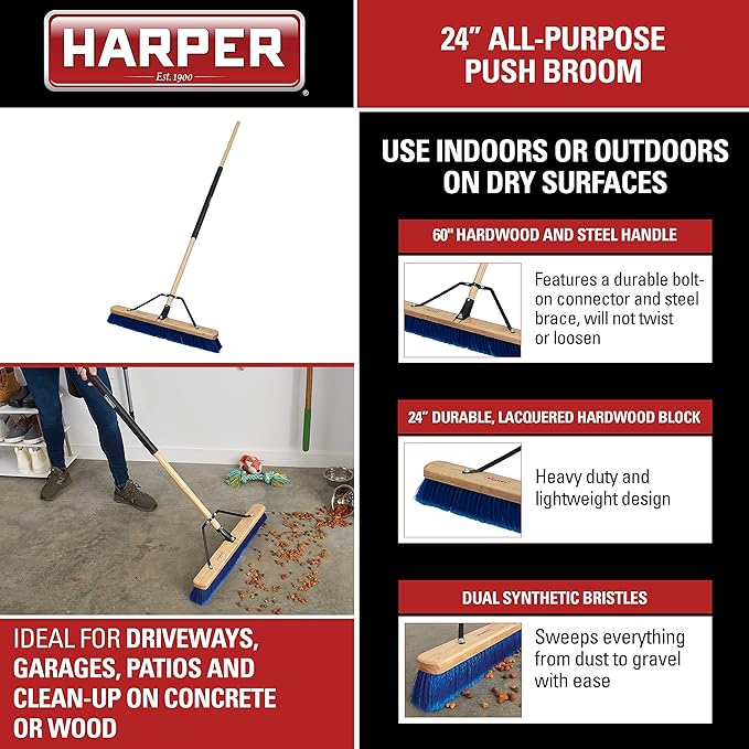 Harper 20201044 24 in. Indoor/Outdoor Dry All-Purpose Push Broom with Dual Bristles, for Dust, Gravel, Debris