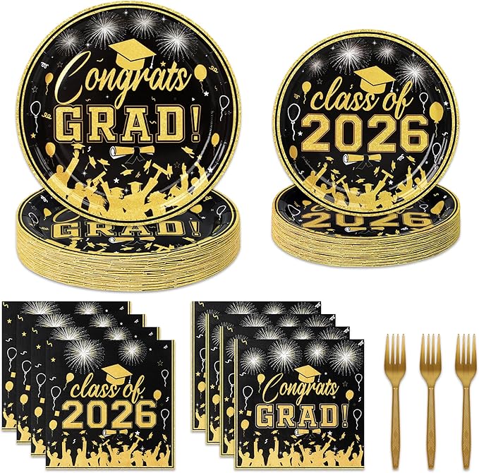 100 Pcs Graduation Plates and Napkins, 2026 Black Gold Graduation Disposable Plates and Napkins Party Supplies Set Serves 25, Black Gold Disposable Dinnerware Set for 2026 Decorations Grad Party