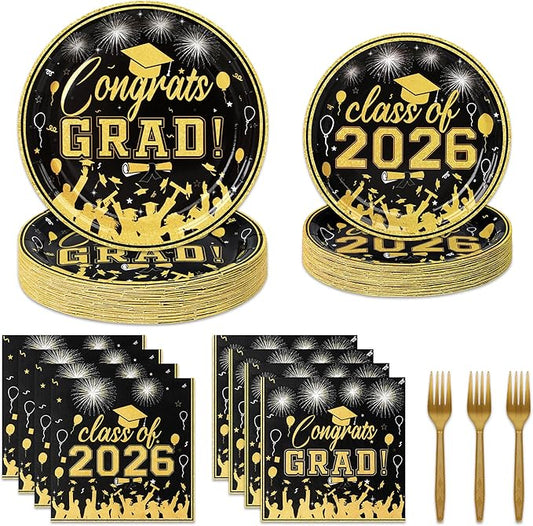 100 Pcs Graduation Plates and Napkins, 2026 Black Gold Graduation Disposable Plates and Napkins Party Supplies Set Serves 25, Black Gold Disposable Dinnerware Set for 2026 Decorations Grad Party
