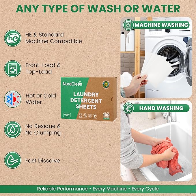 Concentrated Eco-friendly Laundry Detergent Sheets - Powerful Clean - Biodegradable - 50 Sheets (Up to 100 Loads) – Plastic‑Free, HE Compatible, Hypoallergenic & Travel Friendly (Unscented)