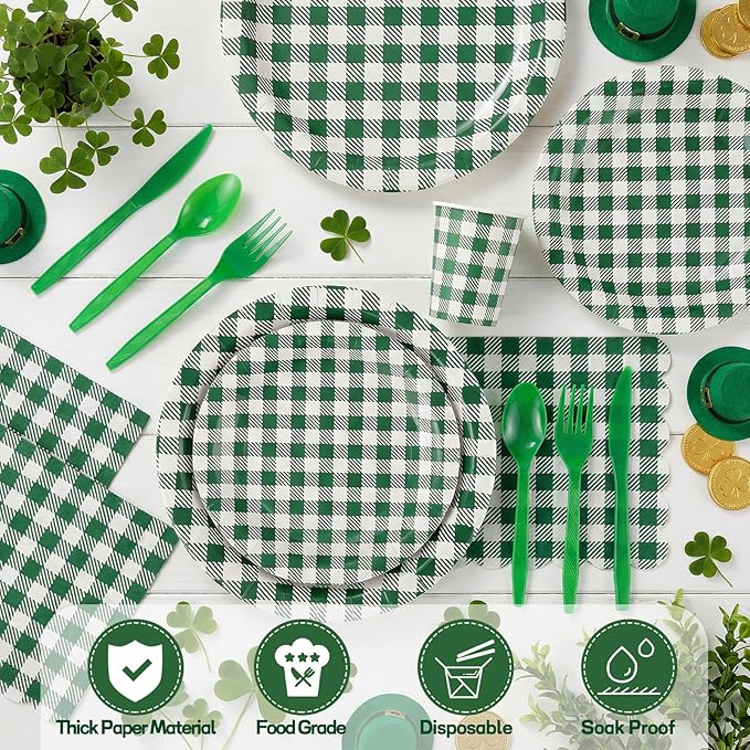 NatNarr 175 Pcs Gingham Party Supplies Include Green Gingham Plates and Napkins Cups Plastic Cutlery Disposable Green Checkered Plates Set for St Patricks Day, Picnic, Baby Shower, Golf Party