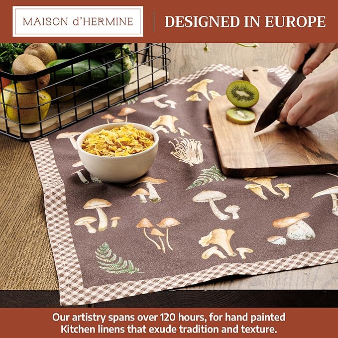 Maison d'Hermine Kitchen Towels Set of 2 100% Cotton 27.50" x 20" Reusable Cloth Tea Dish Towels Absorbent with Hanging Loop for Kitchen, Home, Dining, Cocktail Parties (Foods from The Woods)
