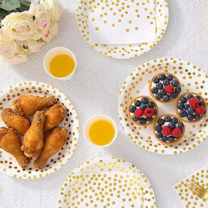 Fijinhom White and Gold Dot Paper Plates Set, 175 PCS Party Supplies, Disposable Dinnerware Set for 25 Guests, Gold Dot Paper Plates Napkins Cups Gold Plastic Forks Knives Spoons for Christmas