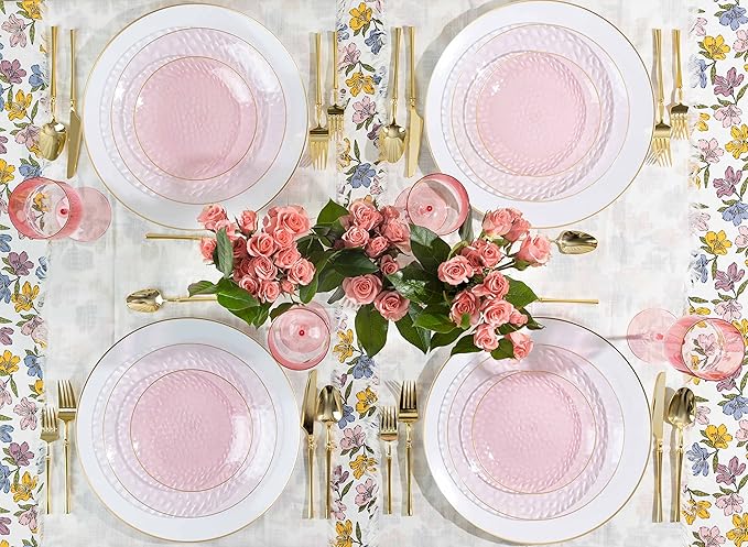 PLASTICPRO 30 Pack Hammered Plastic Plates Heavyweight Disposable Plastic Plates Elegant Clear Platsic Party Dishes (Hammered Pink With Gold Rim, 9'' INCH PLATES)