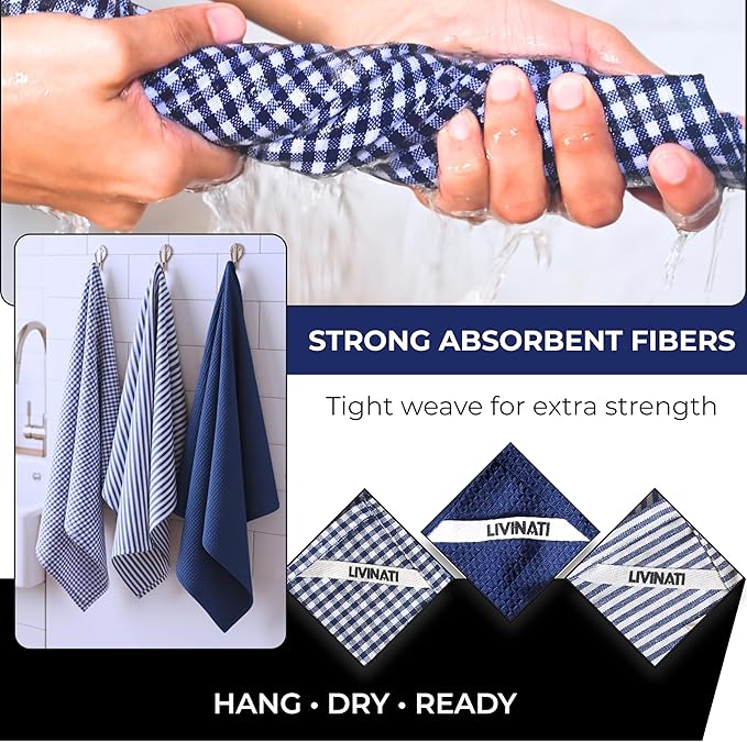 Cotton Dish Towels For Kitchen Drying - Highly Absorbent Navy Blue Striped Gingham Plaid Tea Towels - 18"X28" Set Of 6 Farmhouse Linen Dishtowels In Bulk - Pano De Prato Para Cozinha - T Towles Towls
