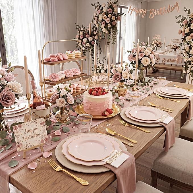 NOCCUR 175PCS Pink Plates with Gold Disposable Silverware - Include 50 Pink Plastic Plates,25 Knives,25 Forks,25 Spoons,25 Cups and 25 Napkins - Ideal for Party/Wedding/Banquet/Baby Shower