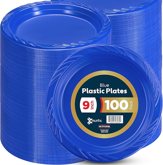 Munfix 100 Blue Plastic Plates Set - 9 Inch Disposable Dinner Plates Bulk Pack, for Party, BBQ, Picnic, Parties, Travel and Events, Microwavable Recyclable