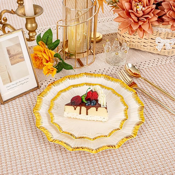 DaYammi 60Pcs Ivory Plastic Plates with Gold rim,Ivory Gold Disposable Plates - Heavy duty Plastic Plates Include 30 Dessert Plate,30 Dinner Plate,Ivory Scalloped gold plates for Party Wedding