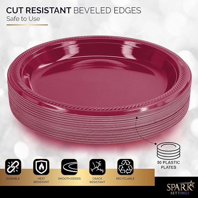 Amcrate Burgundy Plastic Dinner Plates, 10.4 Inches, Strong & Sturdy for Parties, Dinners, Holidays, Picnics, Travel - Pack of 50