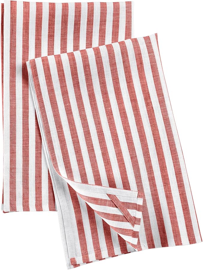 Solino Home Linen Red and White Kitchen Towels Set of 2-100% Pure Linen 17 x 26 Inch Amalfi Stripe Tea Towels with Hanging Loop - European Flax Kitchen Dish Cloth - Quick Dry & Machine Washable