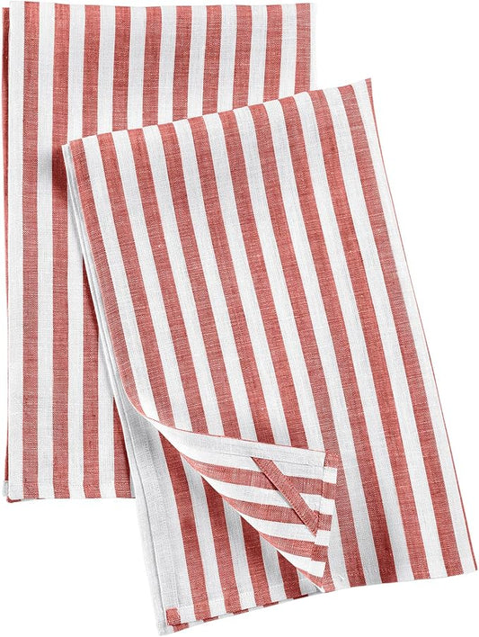 Solino Home Linen Red and White Kitchen Towels Set of 2-100% Pure Linen 17 x 26 Inch Amalfi Stripe Tea Towels with Hanging Loop - European Flax Kitchen Dish Cloth - Quick Dry & Machine Washable