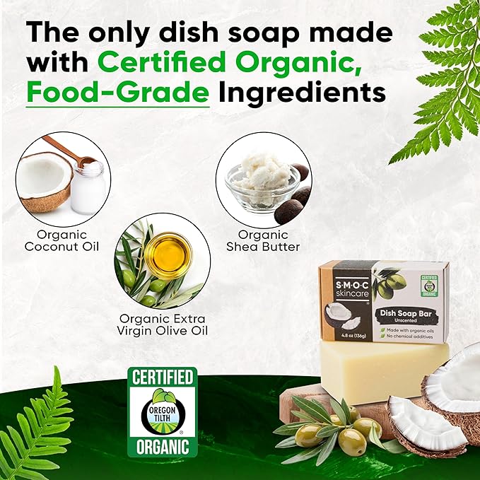 Dish Soap Bar - Certified Organic, Unscented Solid Dishwashing Soap Block - Palm Oil-Free, Vegan All Natural Soap Cleaner for Dishes made from Food-Grade Ingredients - (1)