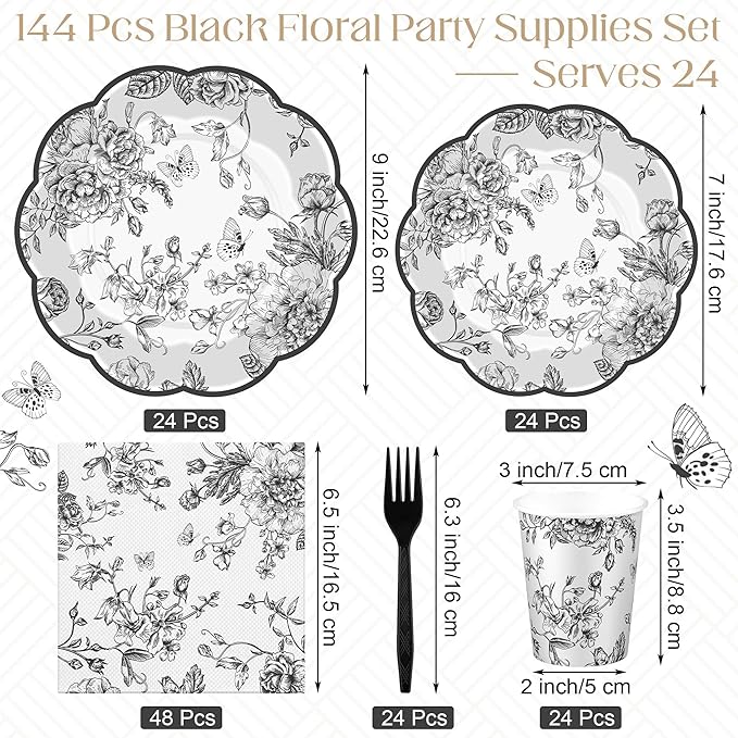 Kochorie 144 Pieces Black Floral Paper Plates and Napkins Party Supplies, Black and White Flower Tableware Set Include Vintage Scalloped Plates Napkins Cups Forks for Wedding Birthday Tea Party