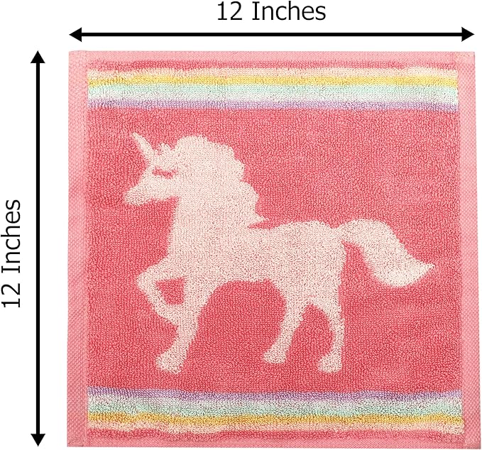 ORIGINAL KIDS Magical Unicorn Washcloths - 12 Pack 100% Cotton Terry Jacquard Wash Cloths - 630 GSM Plush Super Soft Absorbent Gentle Baby Face Towel - Bath Time Travel Daycare - 12 x 12 - Pink Multi