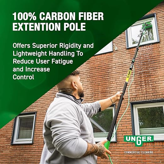 Unger Commercial Window Cleaner Waterfed Pole Kit - nLITE Carbon 16K 33' Waterfed Pole Starter Set with Brush & Hose - C10BH