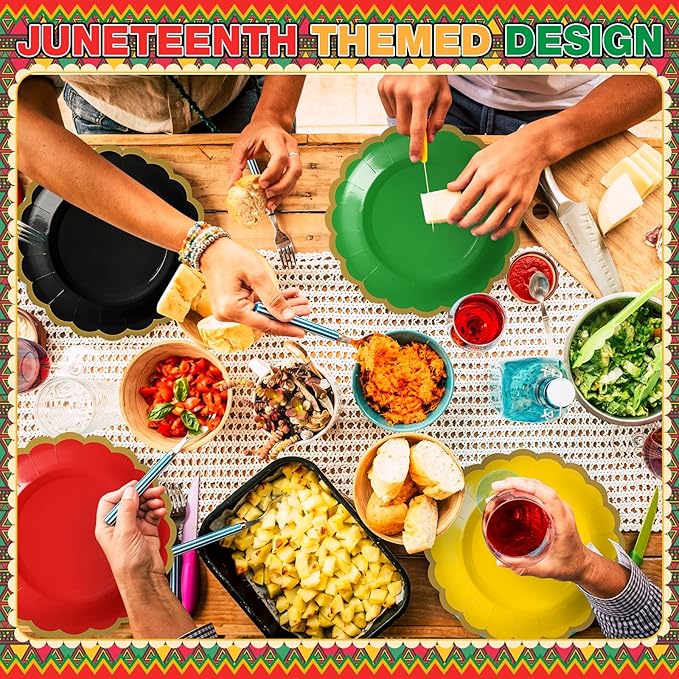 96 Pcs Red Green Yellow Black Paper Plates 7 Inch Scalloped Juneteenth African American Festival Disposable Dessert Plates for Black History Month Bridal Wedding Birthday Party Supplies