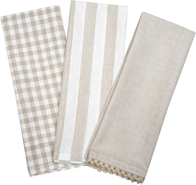 Kitchen Towels or Tea Towels with Hanging Loop | Cotton Flax | 20" X 28" | Set of 3 | Super Absorbent, Quick Drying, Hand Towels for Modern Kitchen Décor | Assort Design