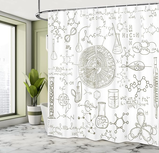 Ambesonne Science Shower Curtain, Science Theme Hand Drawn Style Chemistry Laboratory in a School Classroom of an Illustration, Cloth Fabric Bathroom Decor Set with Hooks, 69" W x 84" L, White Umber