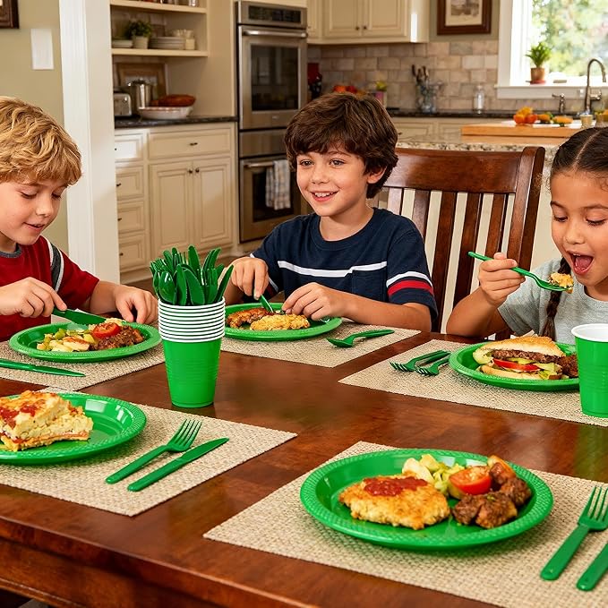 WELLIFE 210 PCS Green Plastic Plates for 30 Guests - Disposable Dinnerware Set Including Dinner Plates, Dessert Plates, 12oz Cups, Cutlery & Napkins, Green Party Plates