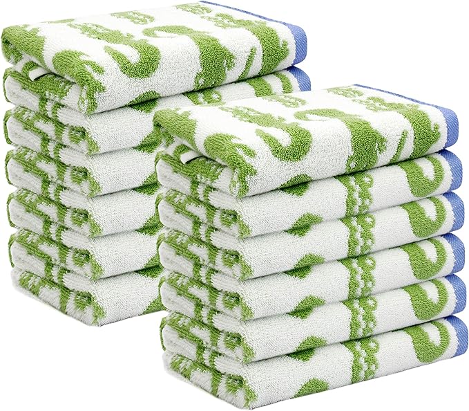 ORIGINAL KIDS Wash Cloth - Bath Time in A While Crocodile Set of 12 Washcloths - 100% Cotton Jacquard Super Soft Colorful Absorbent Quick Dry Easy Care Face Towel Face Cloth Gift - 12x12 - Green Blue