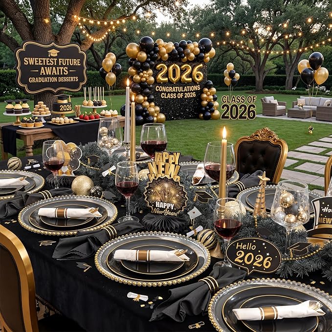 KIRE 100PCS Black and Gold Plates - Black Plastic Plates Disposable with Gold Rim Include 50Pcs 10.25inch Dinner Plate and 50Pcs 7.5inch Dessert/Salad Plate for Party/Wedding/Graduation/Father's Day