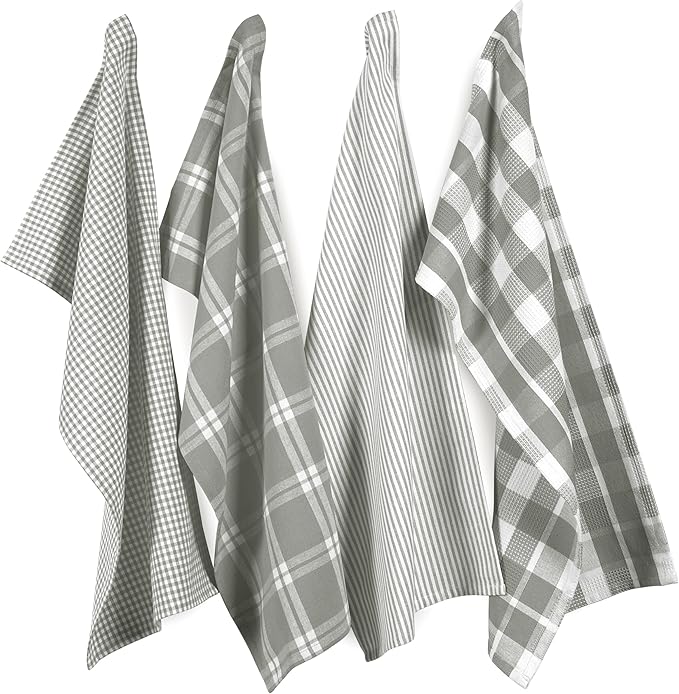 LANE LINEN 100% Cotton Kitchen Dish Cloths, Ultra Soft Absorbent Quick Drying Dish Towels, Multiweave Wash Cloths Dish Towel Sets, 13x28 Inches, 4 Pack - Grey
