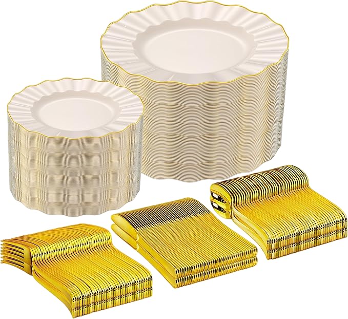 250PCS Ivory and Gold Plastic Dinnerware Set for 50 Guests, Elegant Fancy Disposable Party Plates Include 100 Dinner&Dessert Plates and 150 Silverware for Wedding Party Baby Shower