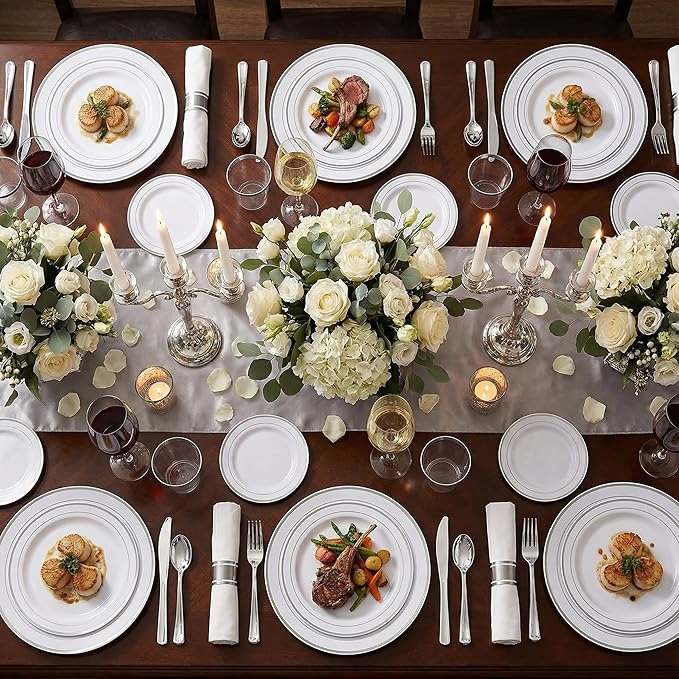 WELLIFE 350Pcs Silver Plastic Plates for 50 Guests - Disposable Dinnerware Set, Party Supplies Includes 100 Silver plates,150 Silverware,50 Napkins,50 Cups, Plastic Plates for Party and Wedding