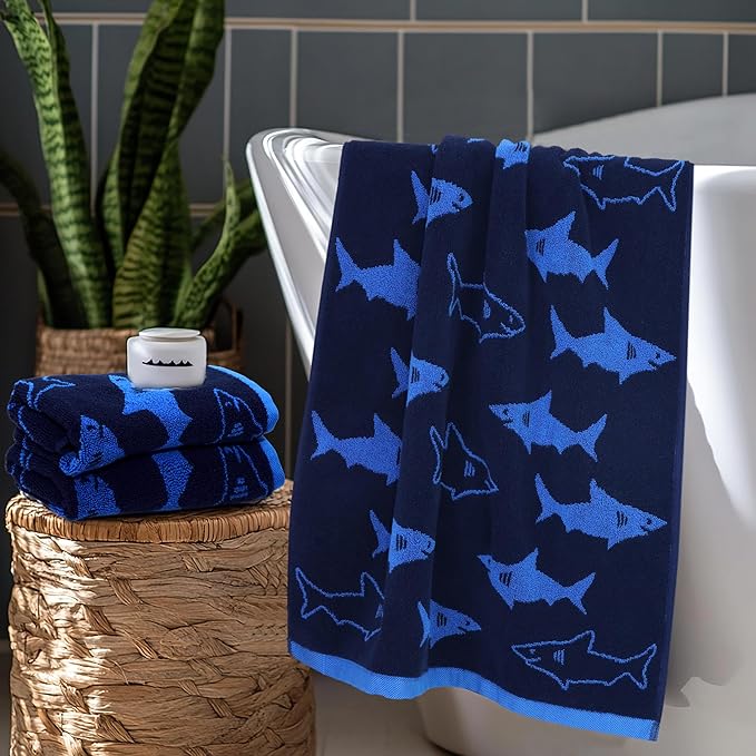 ORIGINAL KIDS 6 Piece Towel Set - Bath Time Shark Attack- 2 Bath Towels, 2 Hand Towels, 2 Washcloths - 100% Cotton Jacquard Soft Absorbent Quick Dry Pool Beach Towel Gift - Navy Blue