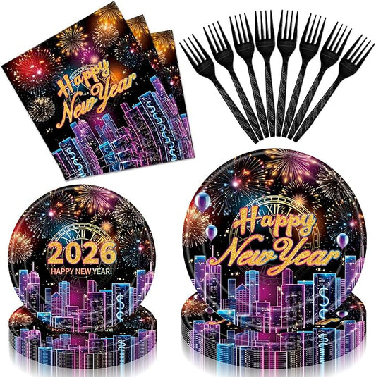 96 Pieces Happy New Year 2026 Tableware Set – Fireworks and City Night Skyline Disposable Plates, Napkins, and Forks for New Year’s Eve Parties, Countdown Celebrations – Serves 24 Guests