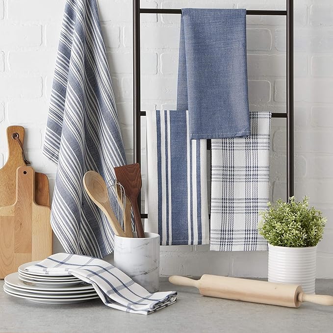 DII Assorted Woven, Kitchen Dishtowel Set, 18x28, Stone Blue, 5 Piece