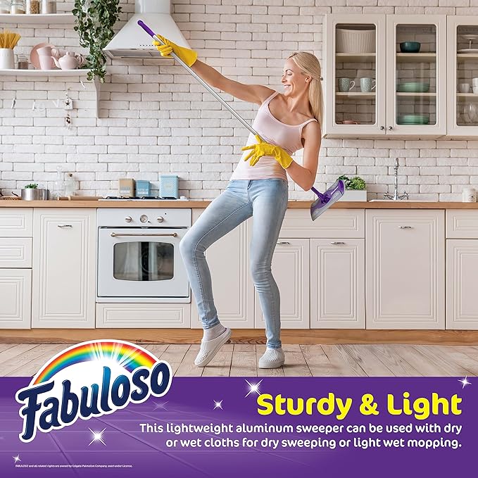 Fabuloso Dry and Wet Sweeper, 2-in-1 Floor Dust Mop for Dry Sweeping and Light Wet Mopping, Lightweight Aluminum Handle, Swivel Low-Profile Head, Bonus 12 Dry Pads Included