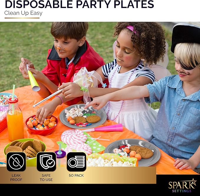 Amcrate Disposable Plastic Plates Silver, 10.4 Inches Plastic Dinner Plates, Strong and Sturdy Disposable Plates for Party, Dinner, Holiday, Picnic, or Travel Party Plates, Pack of 50