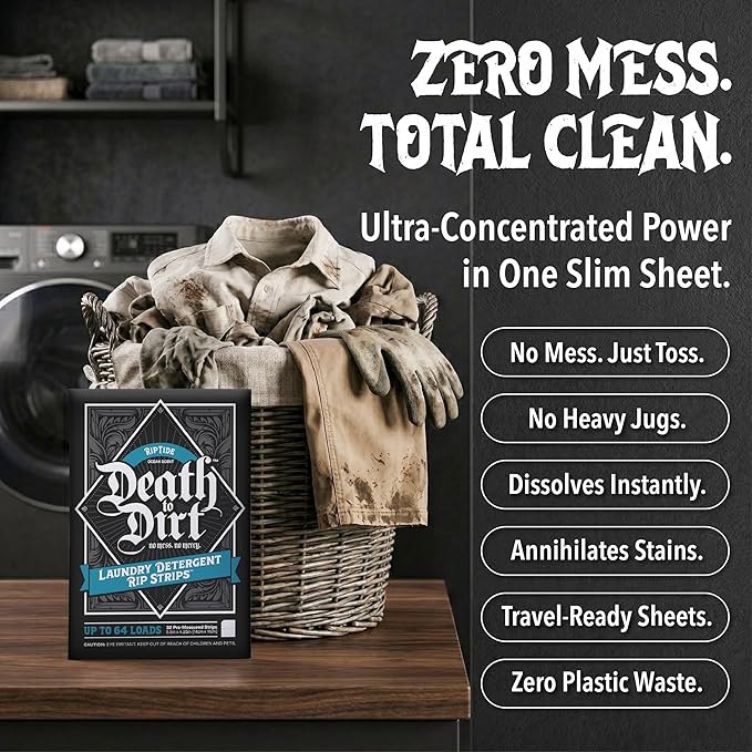 Death to Dirt Laundry Detergent Sheets, 64 Loads, Tough on Stains and Odors, Gentle on Skin and Fabric, Plant-Based & Eco-Friendly, RipTide Ocean Scent, 32ct