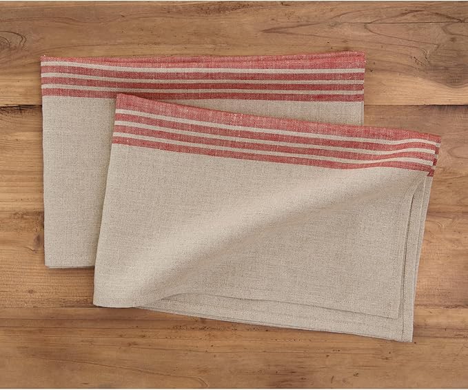 Solino Home Red and Natural Linen Kitchen Towels Set of 2-100% Pure Linen 17 x 26 Inch Farmhouse Tea Towels with Hanging Loop - European Flax Kitchen Dish Cloth - Quick Dry & Machine Washable